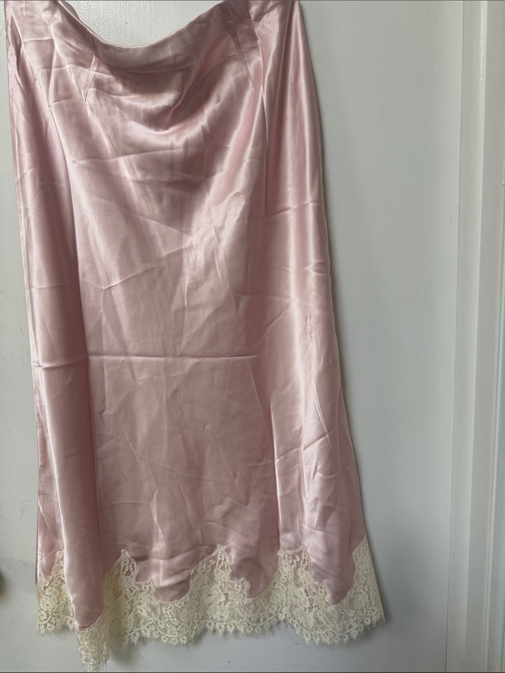 Reformation Carolina Midi Skirt Pink 100% Silk Cherry Blossom Lace Trim - Picture 6 of 7